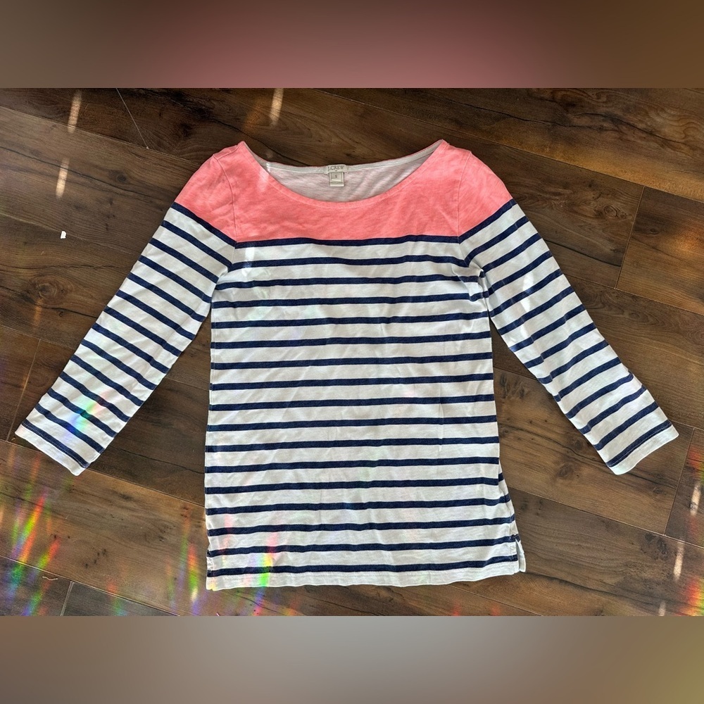J Crew Striped Boatneck Top Pink Navy White Preppy Coastal Small